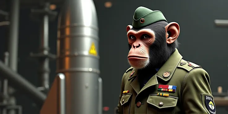 A monkey in military uniform next to a rocket with the word DIRTYLABEL on it