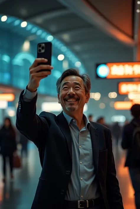 Male tourist taking selfies at Japanese airport at night