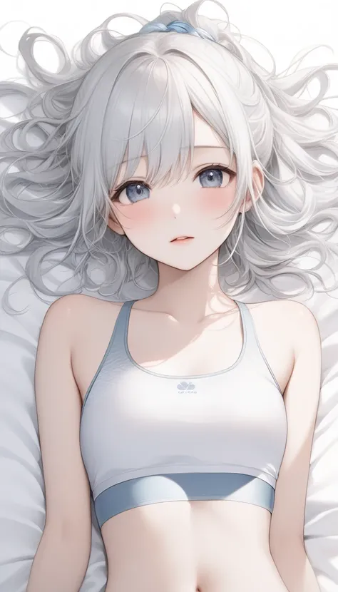  ONE CUTE -OLD GIRL ,Young Face、 slim figure、Thin legs、８Head to Body、((beautiful white hair))、( light blue inner color )、((My cute hairstyle is falling apart and messy ))、(( I'm lying on my back and have a clean, open chest, and the thin white silver sport...