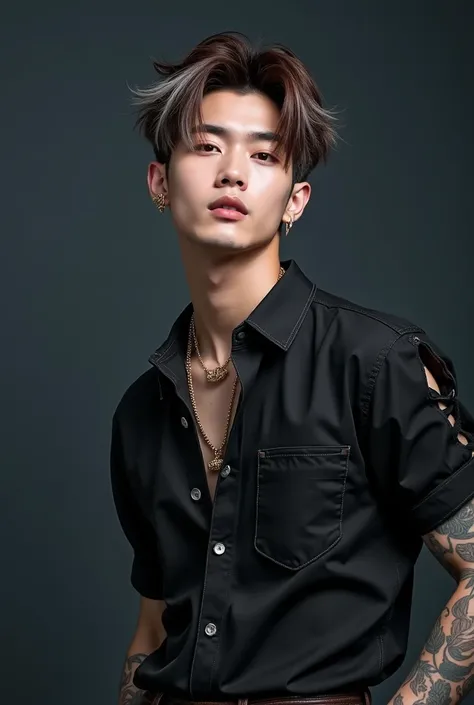 A 19 years old Korean male idol with brown hair dyed silver tips of the hair, his hair is styled , his hair is short, he has a lip piercing, a pointed nose, full upper and lower lashes, flat top lips, a deep cupid bow, and cheekbones, he has tattoos on his...