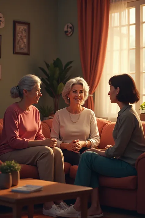 two middle-aged women and a young woman were talking in the living room