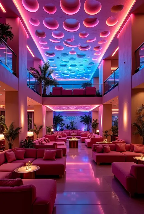 Two-story party room with ceiling designed with circles with drywall and wall designed with drywall, colored indirect lights everywhere and furniture .