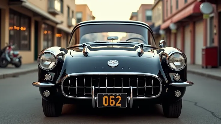 "Design a thumbnail featuring the iconic 1962 Chevrolet Corvette in a classic black color. Focus on the front view, highlighting its aggressive split grille, round headlights, and muscular hood with sleek contours. Set the car in a vintage outdoor setting,...