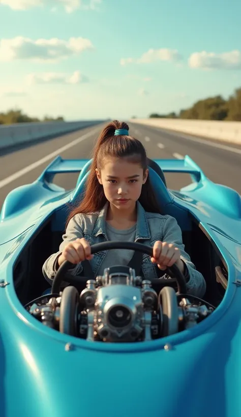 " A beautiful long-haired girl tied in a ponytail ,  is driving a futuristic sports car with an open cockpit on the highway.  The car has an open engine with intricate mechanical details ,  aerodynamic body is bright blue ,  and the large rear wing . The a...