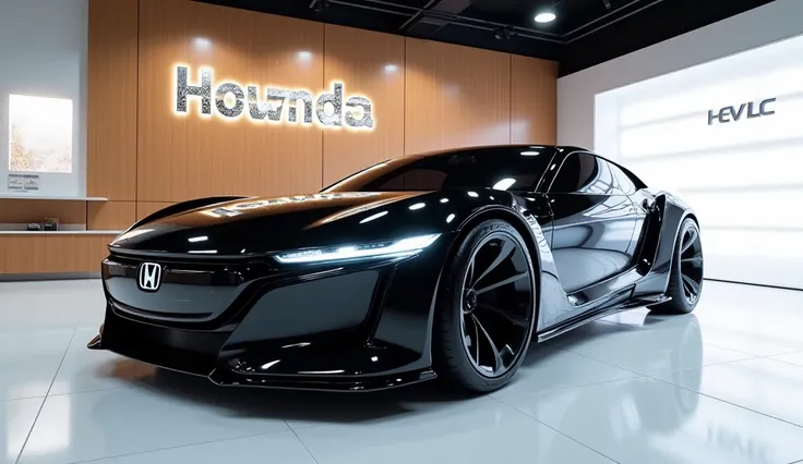 stunning 3D render of a futuristic 2025 Honda Prelude:   displayed in a sleek, modern showroom. The cars front left view showcases its sleek lines, innovative design, and a sense of speed. The bright black color of the car contrasts beautifully with the wo...