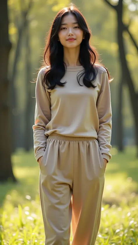 Real photography, delicate skin. In a sunny forest, a beautiful Asian girl with long black hair parted in the middle is surrounded by sunlight. She was wearing light khaki round neck thin cotton thermal underwear
Long sleeves, loose fitting, top cuffs not ...