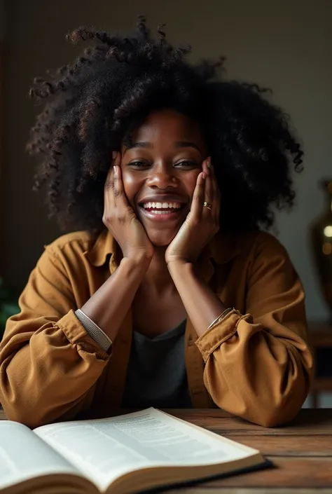 Pleure Genere moi une image dune Autrice NOIRE qui pleure devant lécriture de son livre. Elle pleure de joie. La tête sur la table 