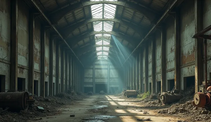 A large abandoned warehouse inside