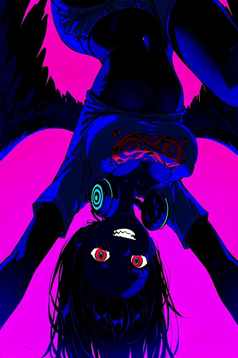 (masterpiece, best quality:1.2), 1 girl, unique, f3nn3r, colourful, pink, blue, black, red, trippy, giant feathered wings, psychotic, psychedelic, losing my mind, street wear, ripped print shirt, headphones around neck, on all fours upside down, back bridg...