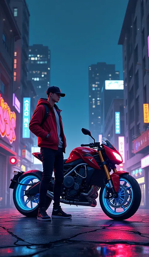 A vibrant, anime-inspired digital illustration of a young man standing next to a futuristic motorbike on an urban road at night. The character wears stylish urban clothing, including a red jacket, black cap, gloves, and sleek sneakers, giving him a confide...