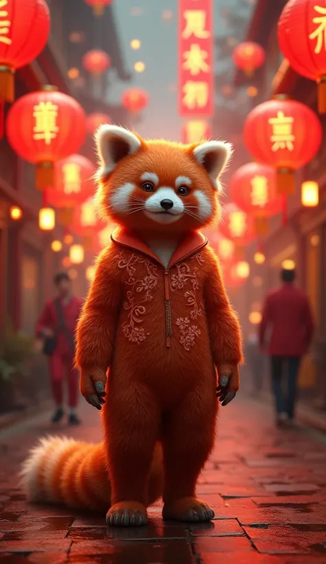 China: A man fused with a red panda, fur patterned like lanterns, standing in a festive street with glowing red lights and 2025 written in Chinese characters.