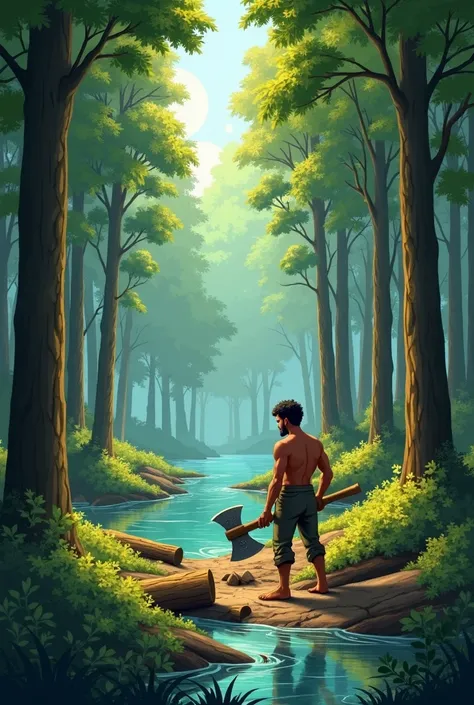 • Image Prompt 1: A dense forest with tall trees, where a hardworking woodcutter (Mohaan) is chopping wood. The scene is peaceful, with sunlight filtering through the trees, and a calm river in the background. Mohaan looks frustrated as his axe accidentall...