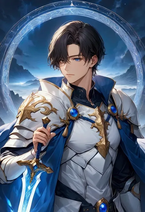 s greatest masterpiece ,  High Quality  , 25-year-old handsome and fearless dark-haired young man"Asuka" , Young Hero , Alone , Paladin with majestic white armor and a blue cloak , ( thrusts the sacred sword to the earth ) , Wear a sacred blue aura , Advan...