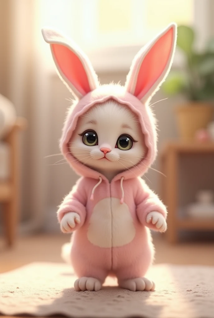 A kitten with big eyes and long white hair is wearing a rabbit costume with long pink ears and a broken right ear　A bright, warm room 　Stand on two legs and face the front 　 The cats ear is not coming out of the hood　 super cute