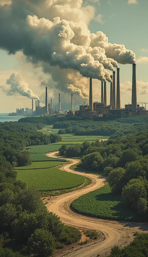 a collage showing various elements: factories emitting gases, forests being cut down, agricultural crops and an affected ocean.
