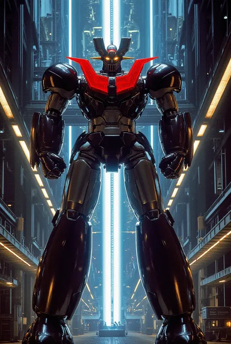  a very realistic version of the modified Mazinger Z,  Standing 100 meters high in a forward leaning position.   Its built with modern materials such as steel  ,   Carbon Fiber  ,   Other industrial elements are also visible  ,   just like the real thing  ...