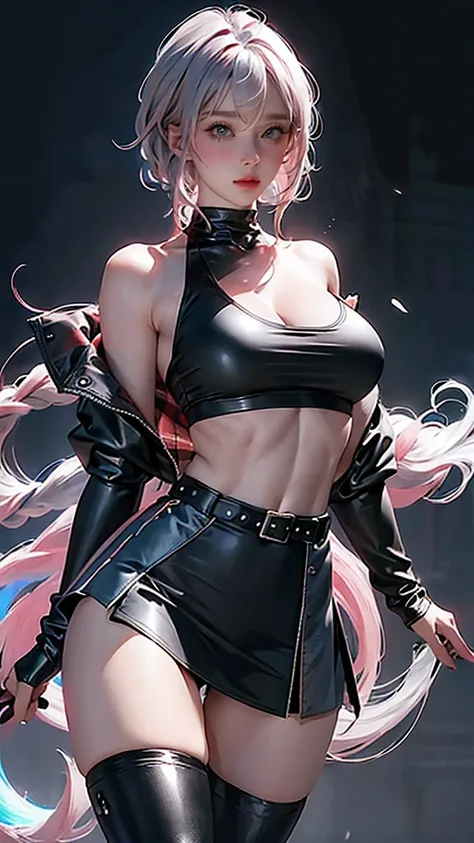   photograph, live action , live action , Her G-cup bust spills out of tight fabric . woman, Pink Grey Hair , Green Eyes, wearing a black crop top shirt, Long Black Jacket , red check skirt , ( black knee-high boots), black fingerless gloves , exposed shou...