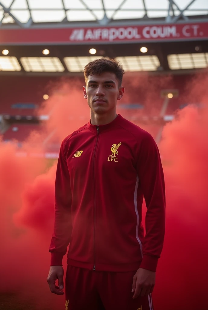 do, Photo,  against the backdrop of liverpool anfield stadium, and there is a slight red smoke effect