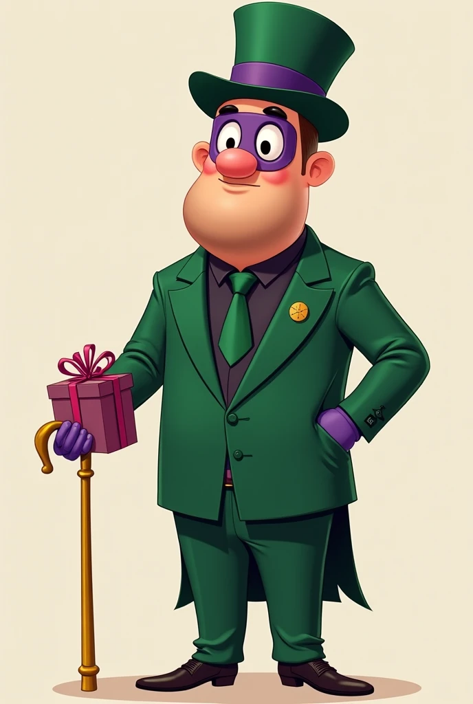 Human, man, Caucasian,  dressed in a formal green suit ,  black shirt , green tie,  on his head. There is a small green hat with a purple ribbon on his head ,  There is a purple mask on his face that covers only the eyes.  Purple gloves,  pose, a gold-colo...