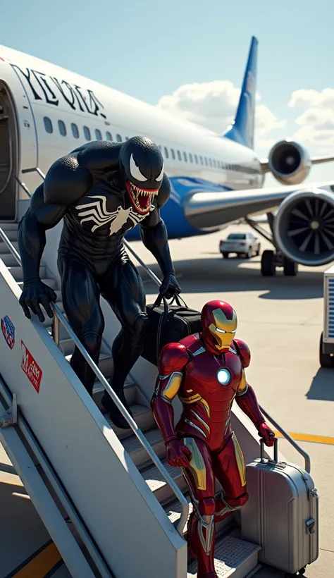 A hyper-realistic digital illustration of Venom and Iron Man descending the stairs of an airplane that has just landed at the airport. Venom, with his massive and muscular black symbiote body, carefully steps down, holding a large duffel bag in one hand. H...