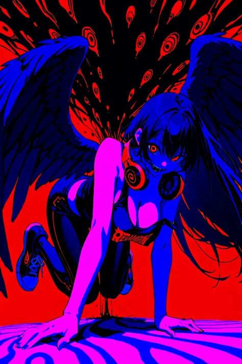 (masterpiece, best quality:1.2), 1 girl, unique, f3nn3r, colourful, pink, blue, black, red, trippy, giant feathered wings, psychotic, psychedelic, losing my mind, street wear, ripped print shirt, headphones around neck, upside_down_on_all_fours, crazy smil...