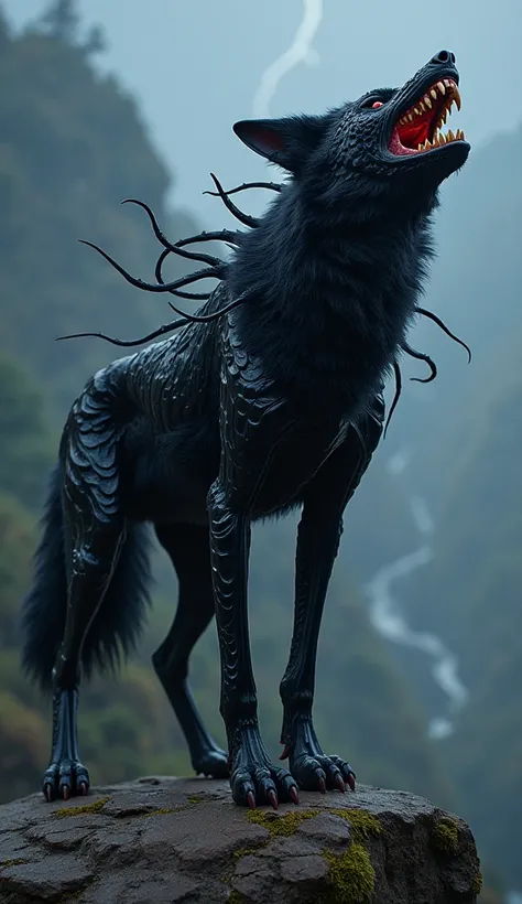 Arachnid Wolf: A wolf hybridized with Venom-like symbiote traits, featuring a glossy black exoskeleton with spider-like patterns. Its mouth stretches unnaturally wide, revealing rows of sharp teeth, while symbiotic tendrils lash out from its back. It howls...