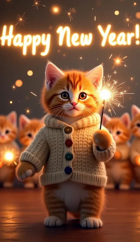 **Prompt:** "An adorable ginger kitten standing upright, wearing a cozy knitted sweater with colorful buttons. The kitten is holding a sparkler, glowing brightly, with festive sparks lighting up the scene. In the background, multiple kittens are celebratin...