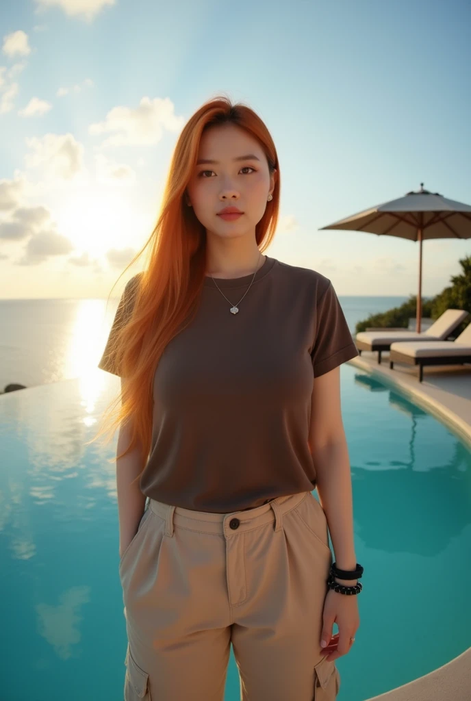 A stunning photography fisheye lens of a beautiful korean woman chubby, plump chubby, with a long light red hairstyle, wearing a dark brown t-shirt and long beige cargo pants, wearing a black bracelet, she is standing pose at the edge of a luxurious infini...