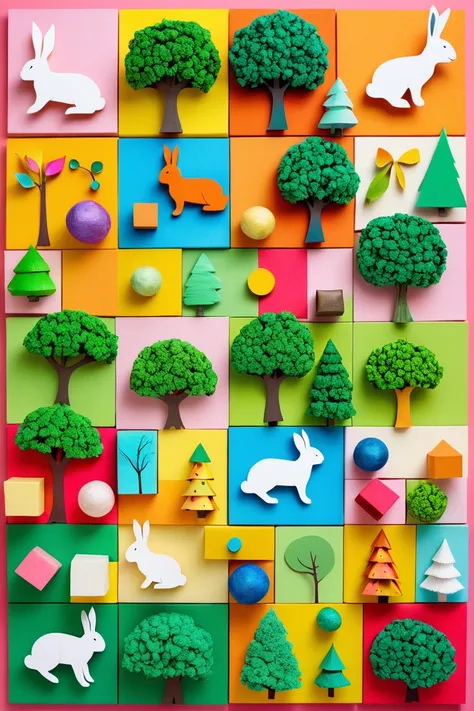 collage+knolling, cubes, trees, rabbit, vivid colors, papier-mache