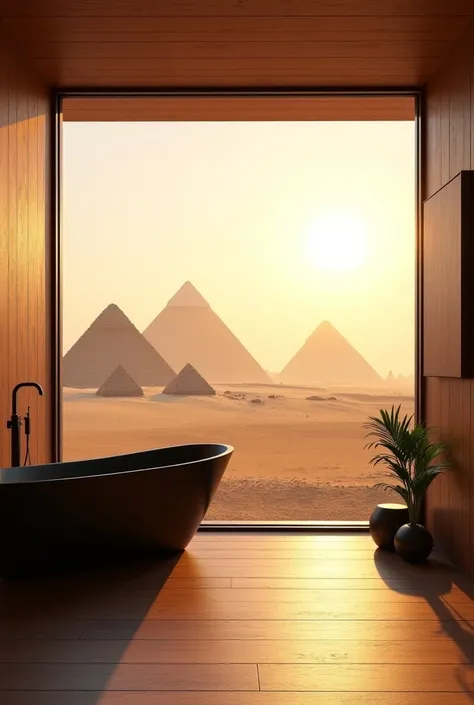  A bathroom with a window overlooking the pyramids of Egypt. Wooden bathroom and dark but airy furniture . 