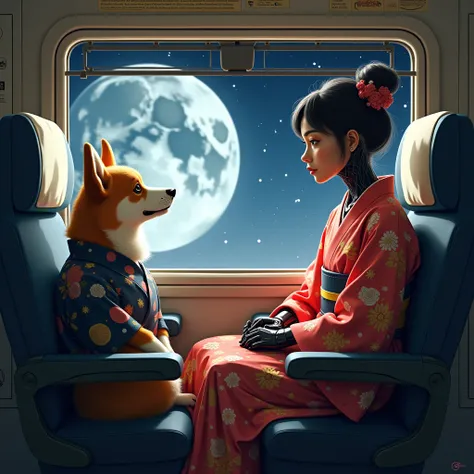  inside a bullet train car running through outer space 。 a corgi dog wearing a kimono 、 looking up at a female robot wearing a kimono sitting side by side in the seat next to you、 surprised。 nice, dim, magical indirect lighting 。 Outside the window is a hu...