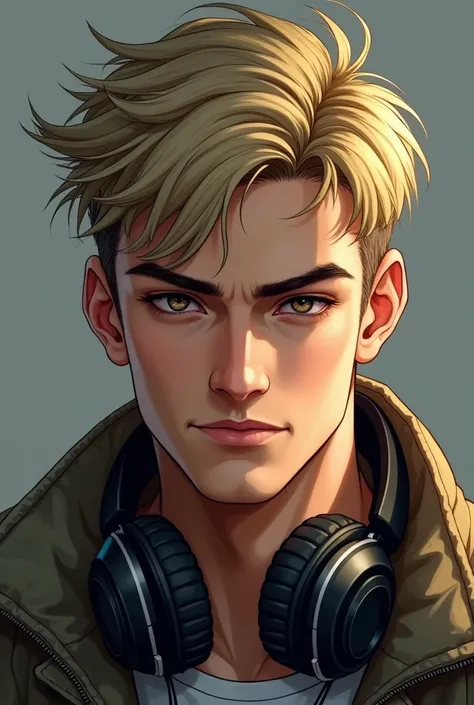 A young adult man ,wearing jacket , with blonde hair , with sharp features, headphones on his neck