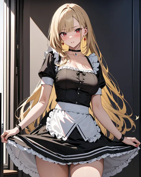  maid clothes, whole body, blush,  Lift Skirt , Kitagawa Marin, 1girl, blonde hair, long hair, multicolored hair, red eyes, jewelry, earrings, piercing, black choker, masterpiece:1.5, masterpiece, highest quality, UHD, retina, masterpiece, accurate anatomy...