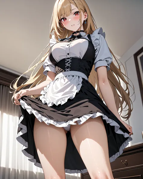  maid clothes, whole body, blush,  Lift Skirt , Kitagawa Marin, 1girl, blonde hair, long hair, multicolored hair, red eyes, jewelry, earrings, piercing, black choker, masterpiece:1.5, masterpiece, highest quality, UHD, retina, masterpiece, accurate anatomy...