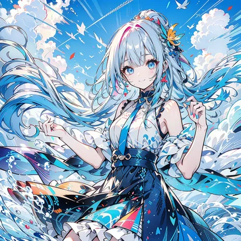  light blue hair with a slender body、Light blue eyes、Shining eyes、 Eyes Highlight、smile、sea、blue sky、 dress where the back shines、 red gradient color、 blue gradient color、yellow gradient color 、green gradient color 、 purple gradation color、light blue gradi...