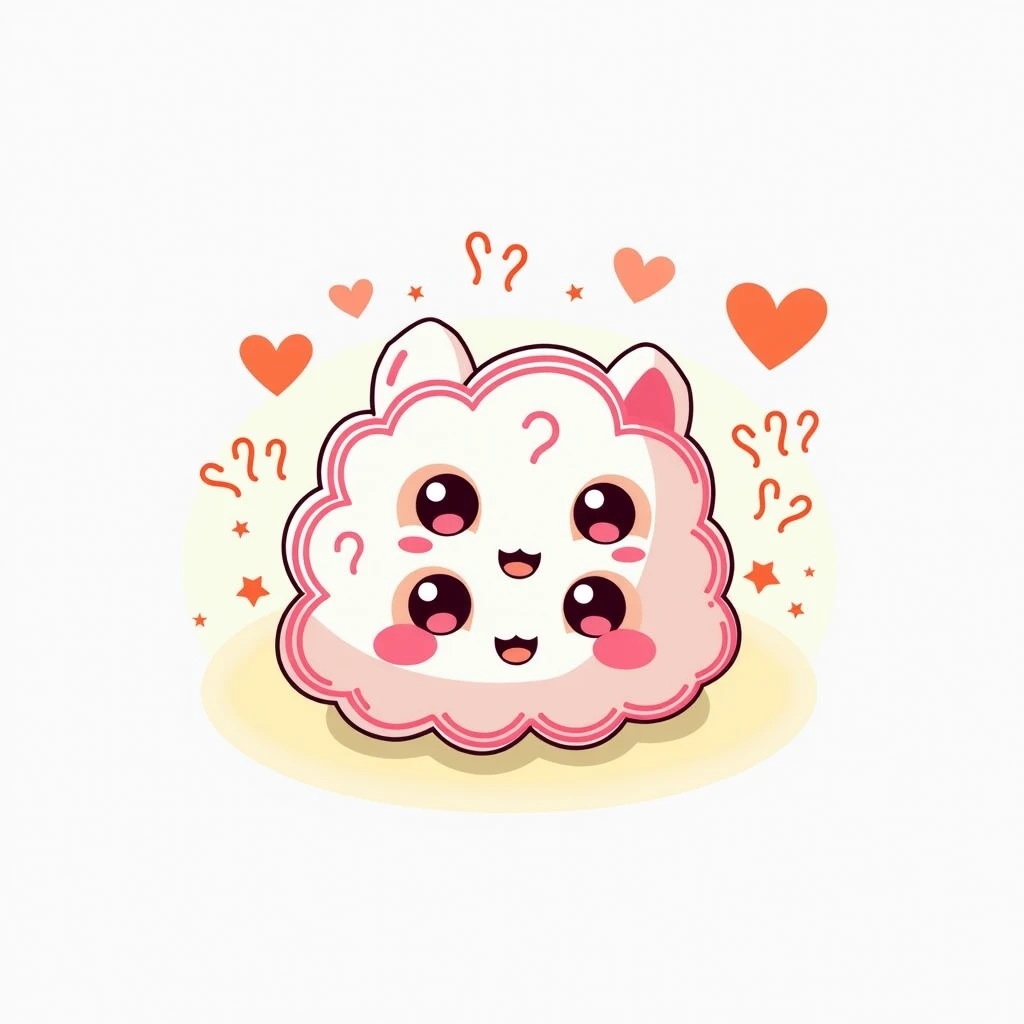 A light pink, fluffy cloud-like creature is depicted in a cartoon style. The creature has large, round, pink eyes, small, rounded pink ears, and a slightly surprised or curious expression. Its mouth is drawn in a gentle, open-mouthed shape, with a gentle f...