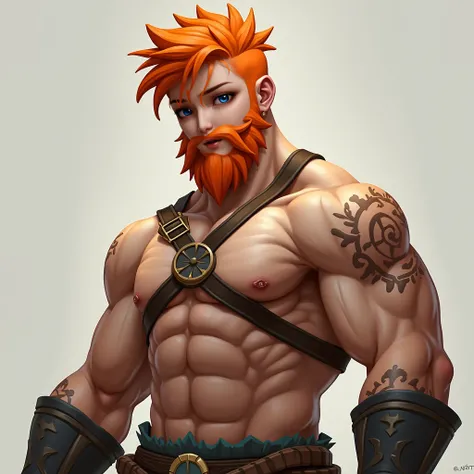 I want mayane from honor of kings to transgender to a man with a very short orange hair and an orange beard with astrong muscles