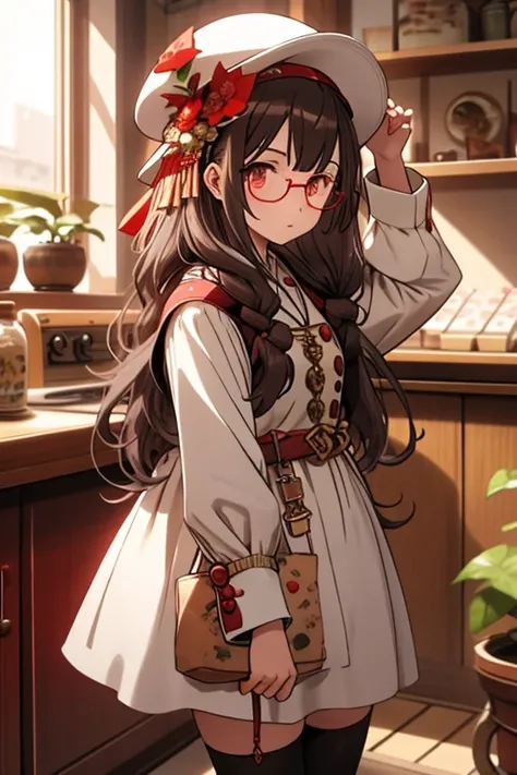 masterpiece, 1girl, ,htcherries, very long hair, brown hair, hair rings, hair between eyes, red eyes, flower-shaped pupils, eyewear on head, round eyewear, sunglasses, white hat, white and red dress, Chinese clothes, detached sleeves, black thighhighs, 