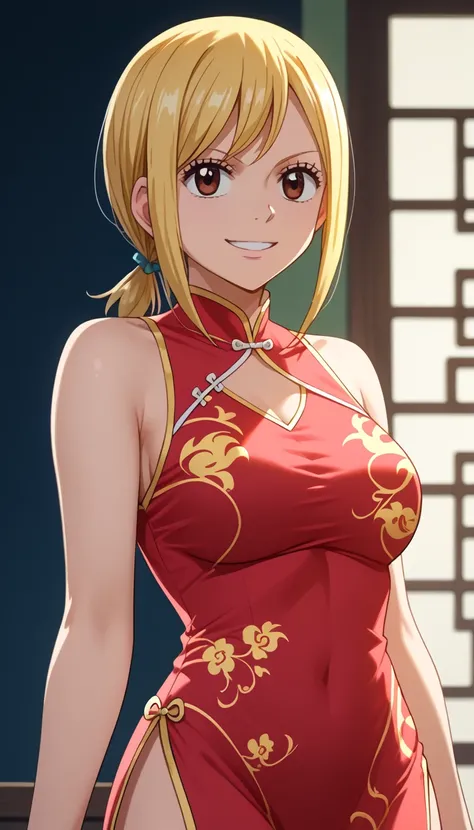 Lucy Heartfilia (ルーシィ・ハートフィリア) - Fairy Tail (フェアリーテイル)    beautiful anime girl, detailed portrait, masterpiece, ultra-detailed, 8k, 16k, high resolution, photorealistic, vivid colors, warm lighting, soft smile, elegant (((((chinese dress,))))) short bob ha...