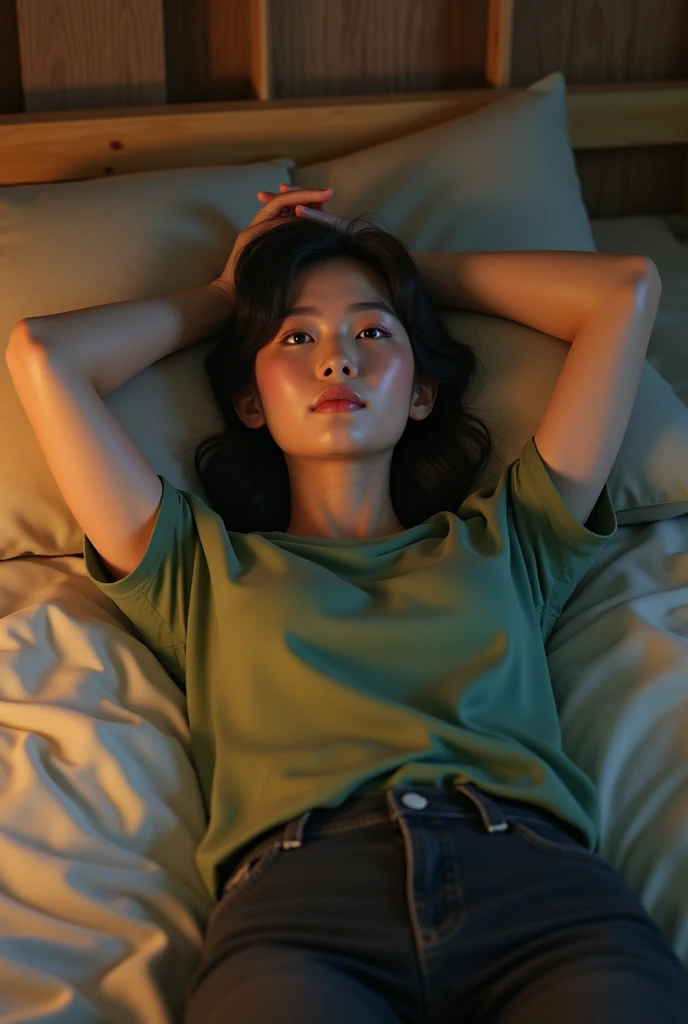 Japanese woman lying on her back in bed
Put your hands up, green t-shirt and black denim