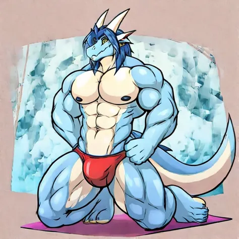 Anthro naked furry Dragon Ace gay speedo huge swim kneeling beach by Ace