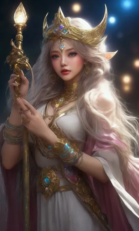 A young female sorcerer with long flowing hair, radiant sparkles, an ornate and intricate sheer sexy robe no underwear, huge expressive eyes, and a magical girl moon staff, racing urgently to join a weathered band of veteran adventurers, (best quality,4k,8...