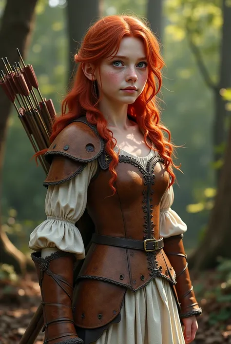 A young 15-year-old red-haired white-skinned girl with freckles on her face wearing feminine brown leather armor on top of a white dress with a bow and arrow in her hand in the background an ultra realistic full body medieval forest setting