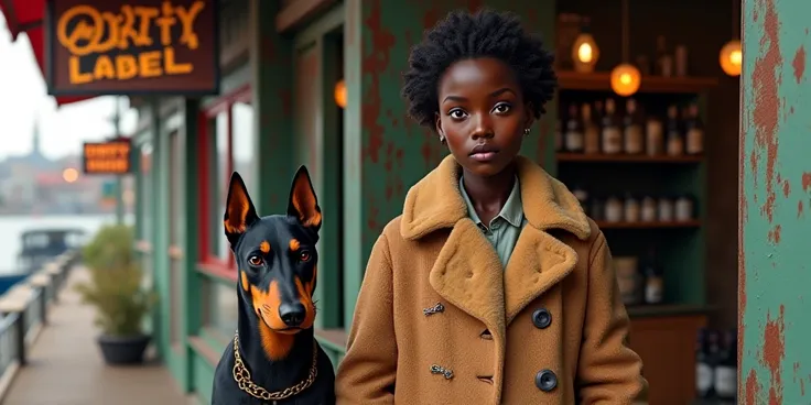 Nice waterfront 1950 shop DIRTYLABEL and African girl in a fur coat with a Duberman Pinscher dog