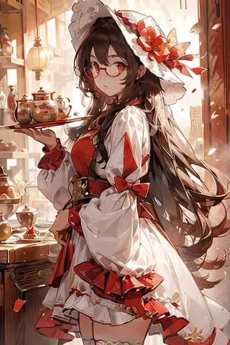 masterpiece, 1girl, ,htcherries, very long hair, brown hair, hair rings, hair between eyes, red eyes, flower-shaped pupils, eyewear on head, round eyewear, sunglasses, white hat, white and red dress, Chinese clothes, detached sleeves, black thighhighs, 