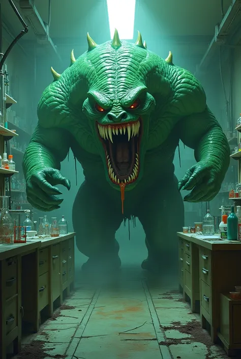 Ultra realistic Scary green monster with sharp teeth at science lab