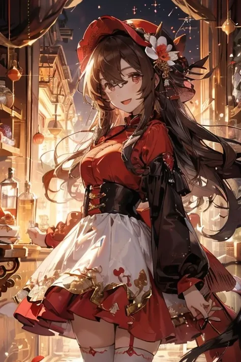 masterpiece, 1girl, ,htcherries, very long hair, brown hair, hair rings, hair between eyes, red eyes, flower-shaped pupils, eyewear on head, round eyewear, sunglasses, white hat, white and red dress, Chinese clothes, detached sleeves, black thighhighs, ,(w...