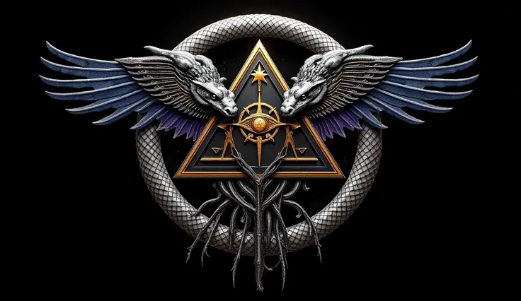 A 2D logo in a mystical and occult style, composed of a silver serpent in the shape of a circle, a serpent with two opposing heads biting two stars, black and shiny gold, superimposed at the top. In the center of the circle, a black pyramid, represented as...