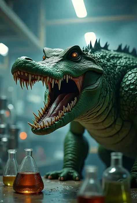 Ultra realistic Scary crocodike plus dinosour green monster with sharp teeth at science lab