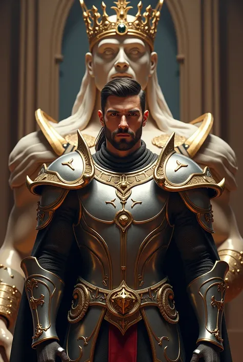 official art 
a handsome man wearing a metallic Amor and behind him was standing a statue wearing the same number and a crown with a jewel in the center of the forehead